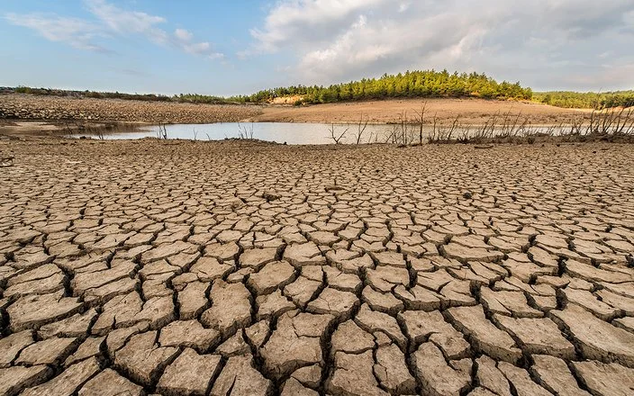 Eine Landschaftsaufnahme zeigt einen ausgetrockneten, rissigen Boden. Im Hintergrund befinden sich ein Teich mit niedrigem Wasserstand und eine kleine bewaldete Anhöhe.
