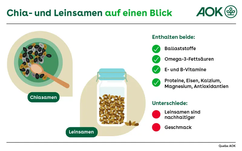Unterschiede und Gemeinsamkeiten von Chiasamen und Leinsamen: Beide enthalten Ballaststoffe, Omega-3-Fettsäuren, E- und B-Vitamine, Proteine, Eisen, Kalzium, Magnesium und Antioxidantien. Leinsamen sind nachhaltiger, auch geschmacklich unterscheiden sich die Samen.
