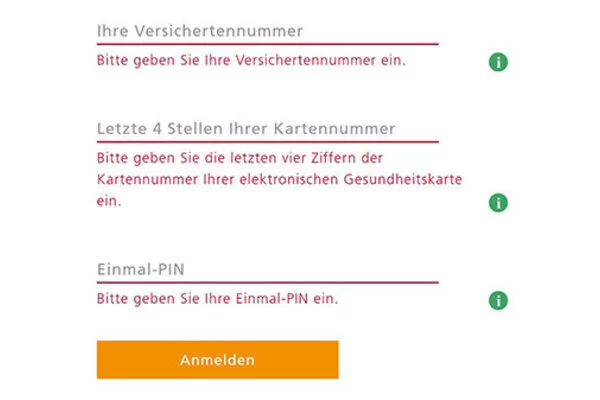 Das Bild besteht aus drei Abschnitten. Oben steht: "Die Versichertennummer", darunter "Letzte 4 Stellen ihrer Kartennummer" und ganz unten steht "Einmal-Pin."