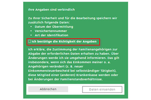 Das Bild zeigt einen Text in weißer Schrift auf einem grünen Hintergrund. Oben steht: "Ihre Angaben sind verbindlich." Rot umrandet steht in der Mitte: "Ich bestätige die Richtigkeit der Angaben."