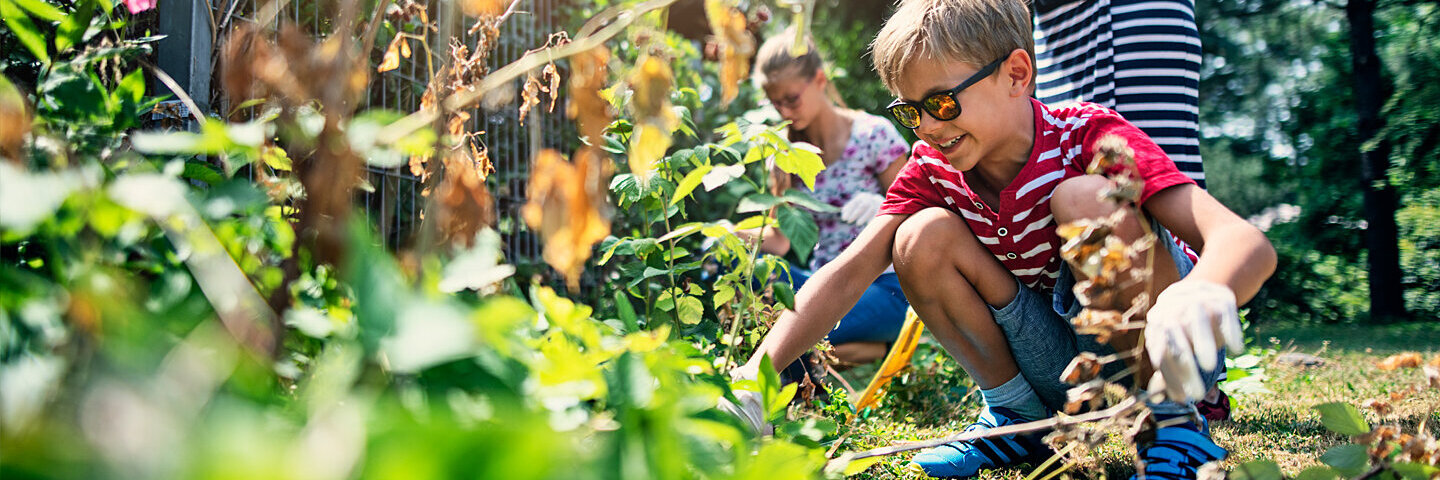 : Kinder helfen bei der Gartenarbeit und lernen dabei etwas über giftige Pflanzen.