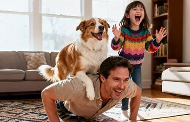 Vater und Tochter spielen mit dem Hund im Wohnzimmer.