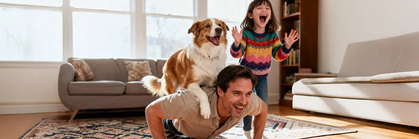 Vater und Tochter spielen mit dem Hund im Wohnzimmer.