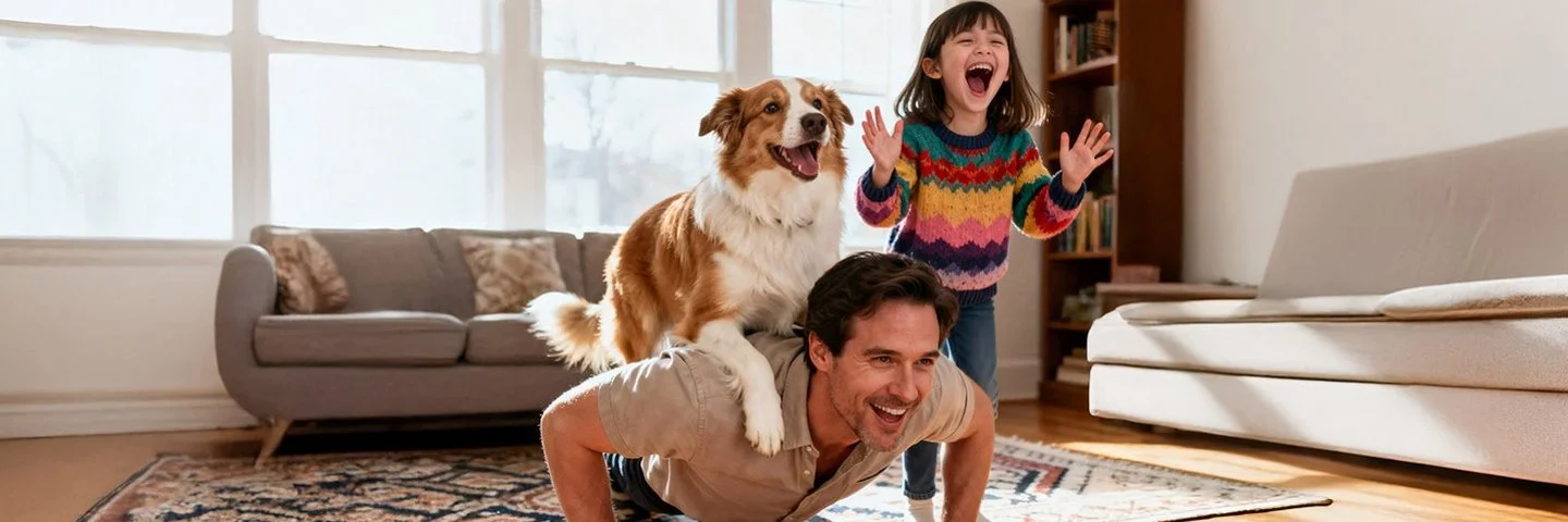 Vater und Tochter spielen mit dem Hund im Wohnzimmer.