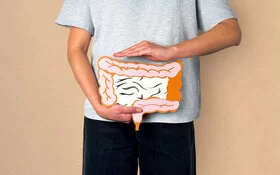 Ein Mann hält einen Darm aus Papier gefertigt vor seinen Unterleib.