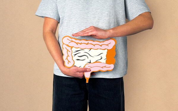 Ein Mann hält einen Darm aus Papier gefertigt vor seinen Unterleib.