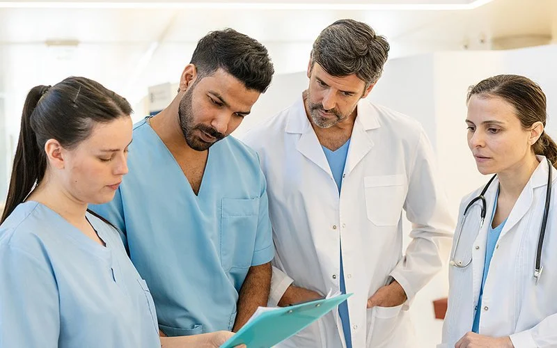 Ein Arzt und eine Ärztin schauen zusammen mit zwei Pflegefachpersonen auf ein medizinisches Dokument.