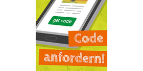 Das Bild zeigt das Symbol eines Handys, auf dessen Bildschirm "get code" steht. In großer Schrift auf orangenem Untergrund steht davor: "Code anfordern!"