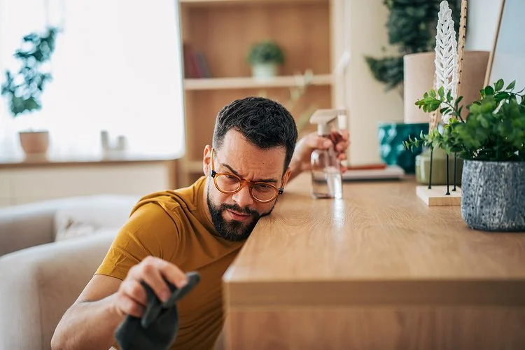 Ein mittelalter Man reinigt akkurat und mit kritischem Blick einen Tisch mit Tuch und Spray.