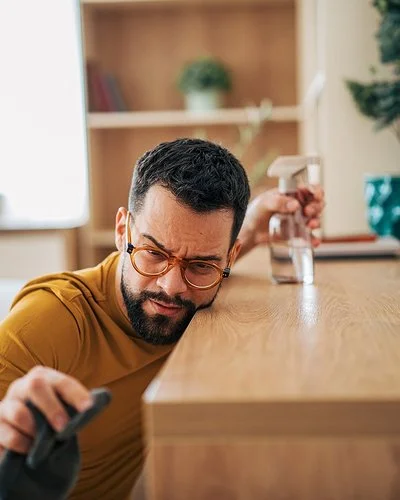 Ein mittelalter Man reinigt akkurat und mit kritischem Blick einen Tisch mit Tuch und Spray.