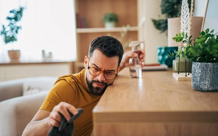 Ein mittelalter Man reinigt akkurat und mit kritischem Blick einen Tisch mit Tuch und Spray.