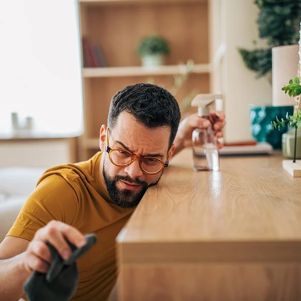 Ein mittelalter Man reinigt akkurat und mit kritischem Blick einen Tisch mit Tuch und Spray.