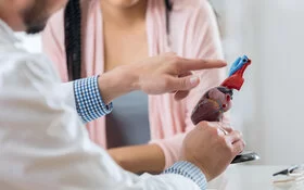 Ein Kardiologe zeigt einer Patientin anhand eines Modells, wie das Herz aufgebaut ist.