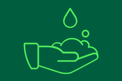 Das Bild zeigt das Symbol einer ausgetreckten Hand, die Seifenschaum auf der Handfläche hat. Von oben fallen Wassertropfen auf den Seifenschaum.
