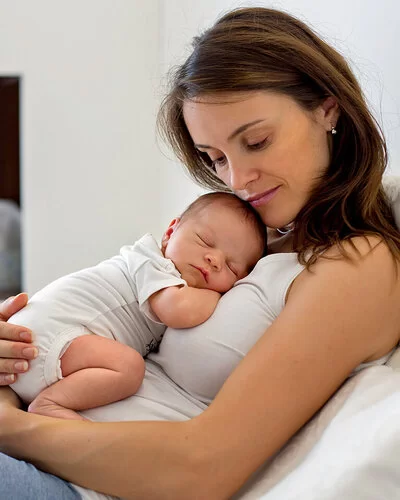 Eine Mutter kuschelt mit ihrem neugeborenen Baby im Wochenbett.