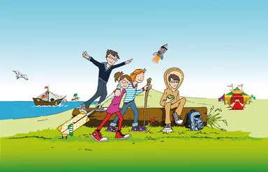 Comiczeichnung zum Kinderzirkus Henriette & Co. mit Henrietta, Herrn Quassel, Lara und Theo. Im Hintergrund sind das Zirkuszelt „Fructonia“ und ein Schiff sowie die Schatzinsel zu sehen.
