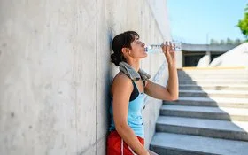 Eine junge Frau lehnt in Sportkleidung an einer grauen Betonwand und trinkt Wasser aus einer durchsichtigen Flasche.