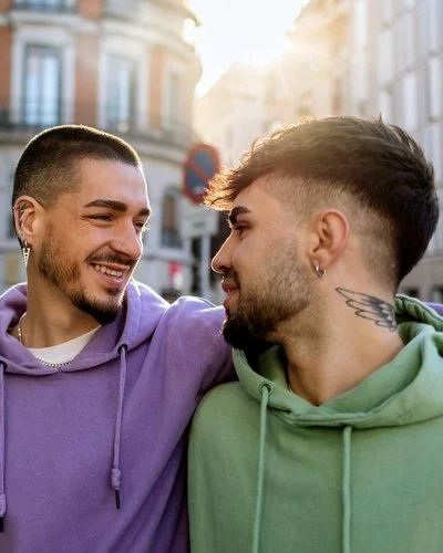 Zwei junge Männer mit Drei-Tage-Bart gehen Arm in Arm durch eine Innenstadt. Sie schauen sich dabei verliebt an.