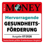 Zu sehen ist das rotweiße Siegel von Focus Money für Gesundheitsförderungn.