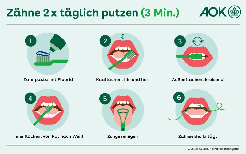 Die Grafik zeigt die einzelnen Schritte zur richtigen Zahnpflege.