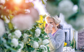 Frau mit einer Pflanzenallergie niest in ihrem Garten wegen der Pollen.