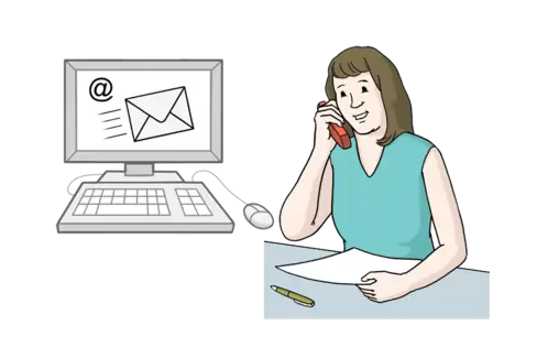 Die Illustration zeigt einen Computer auf dessen Bildschirm ein Briefumschlag zu sehen ist. Außerdem ist eine Frau abgebildet, die am Tisch sitzt mit einem Telefonhöhrer in der Hand.