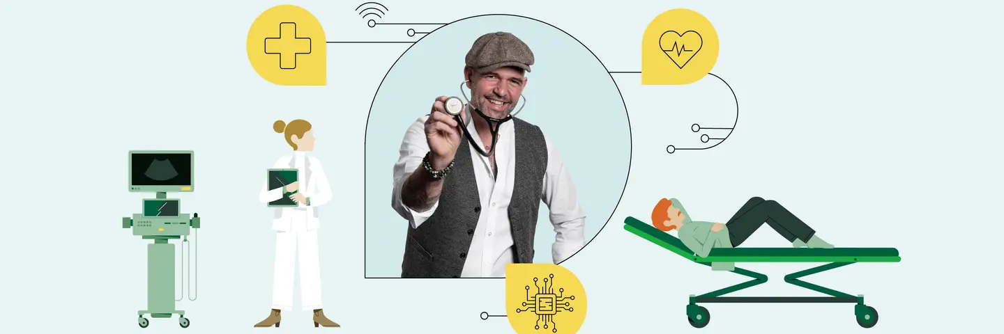 In der Mitte ist ein Foto von Doc Esser mit Schirmmütze und Stethoskop zu sehen. Illustrationen daneben zeigen eine Ärztin mit Untersuchungsgerät und einen Mann auf einer Liege.