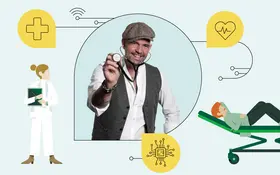 In der Mitte ist ein Foto von Doc Esser mit Schirmmütze und Stethoskop zu sehen. Illustrationen daneben zeigen eine Ärztin mit Untersuchungsgerät und einen Mann auf einer Liege.