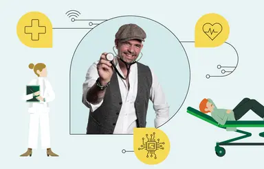 In der Mitte ist ein Foto von Doc Esser mit Schirmmütze und Stethoskop zu sehen. Illustrationen daneben zeigen eine Ärztin mit Untersuchungsgerät und einen Mann auf einer Liege.