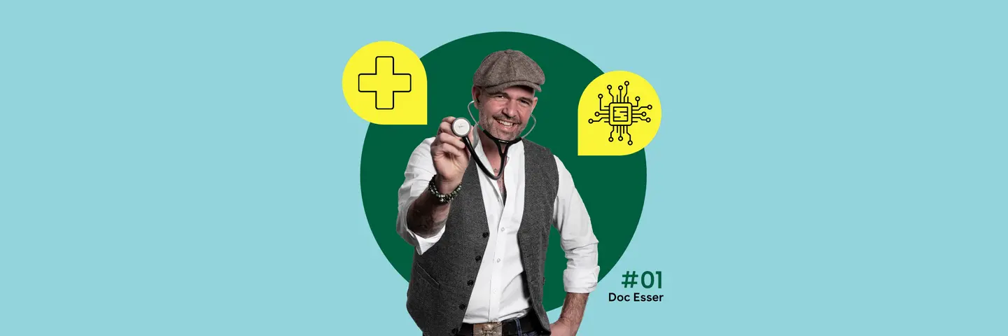 In der Mitte ist ein Foto von Doc Esser mit Schirmmütze und Stethoskop zu sehen. Illustrationen daneben zeigen ein Krankenhaussymbol und einen Computerchip..