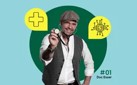 In der Mitte ist ein Foto von Doc Esser mit Schirmmütze und Stethoskop zu sehen. Illustrationen daneben zeigen ein Krankenhaussymbol und einen Computerchip..