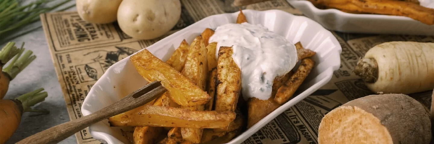 Weiße Schale mit Gemüsefritten, weißem Dip und Pommesgabel auf einem rustikalen Untergrund. Im Hintergrund Kartoffeln, Süßkartoffeln, Pastinaken und Möhren.
