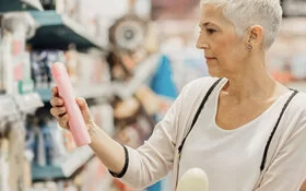 Frau achtet beim Kauf von Duschgel auf Mikroplastik