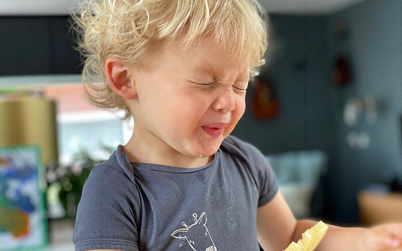 Ein kleiner Junge hat in eine Zitrone gebissen und verzieht wegen des sauren Geschmacks das Gesicht.