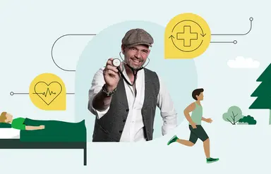 In der Mitte ist ein Foto von Doc Esser mit Schirmmütze und Stethoskop zu sehen. Illustrationen daneben zeigen eine schlafende Frau in einem Bett sowie einen in der Natur Sport treibenden Mann.