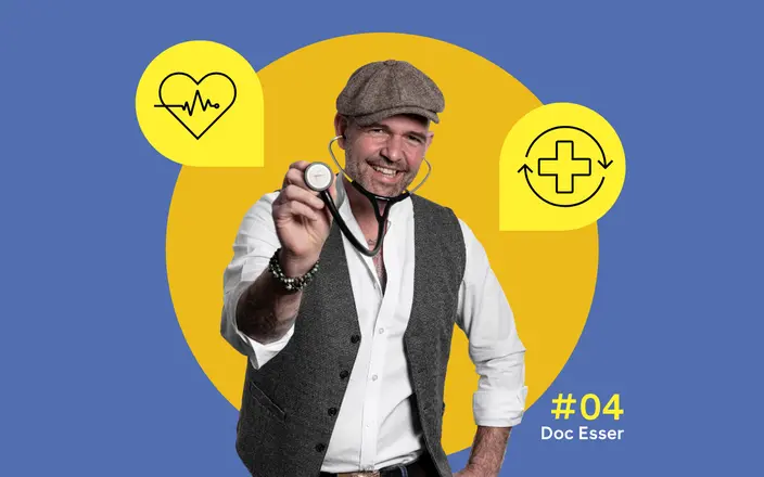 In der Mitte ist ein Foto von Doc Esser mit Schirmmütze und Stethoskop zu sehen. Illustrationen daneben zeigen ein schlagendes Herz und ein Kreuz mit zwei umkreisenden Pfeilen.