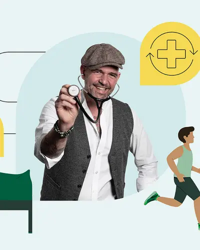 In der Mitte ist ein Foto von Doc Esser mit Schirmmütze und Stethoskop zu sehen. Illustrationen daneben zeigen eine schlafende Frau in einem Bett sowie einen in der Natur Sport treibenden Mann.