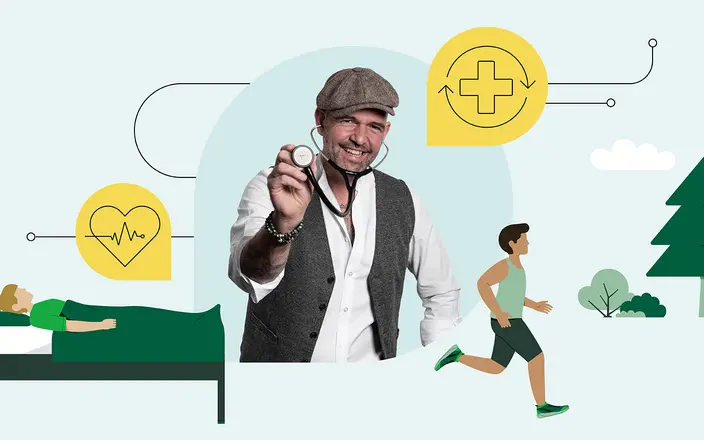 In der Mitte ist ein Foto von Doc Esser mit Schirmmütze und Stethoskop zu sehen. Illustrationen daneben zeigen eine schlafende Frau in einem Bett sowie einen in der Natur Sport treibenden Mann.