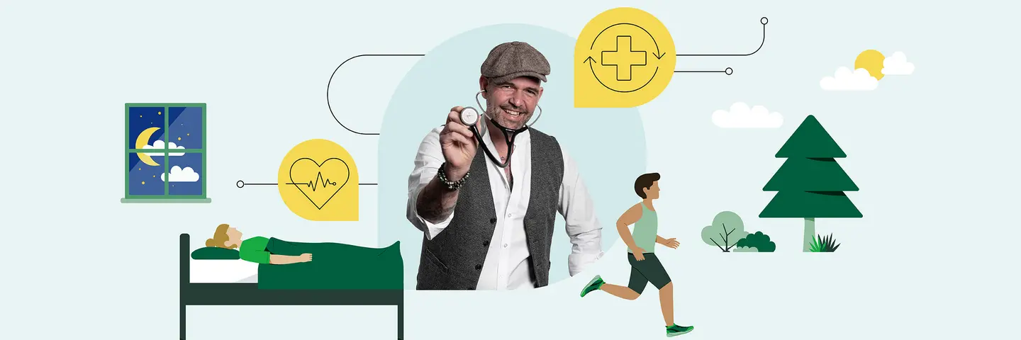 In der Mitte ist ein Foto von Doc Esser mit Schirmmütze und Stethoskop zu sehen. Illustrationen daneben zeigen eine schlafende Frau in einem Bett sowie einen in der Natur Sport treibenden Mann.