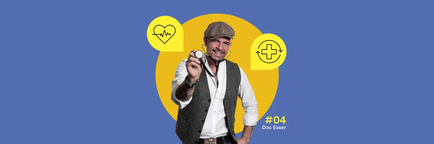 In der Mitte ist ein Foto von Doc Esser mit Schirmmütze und Stethoskop zu sehen. Illustrationen daneben zeigen ein schlagendes Herz und ein Kreuz mit zwei umkreisenden Pfeilen.
