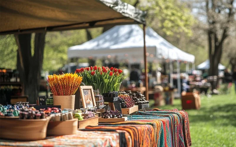 Eine Frau und ein kleiner Junge kaufen frische Tulpen an einem Stand auf einem Markt.