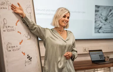 Und bitte schön: Tamara Schwab mit blonden schulterlangen Haaren und grüner Bluse steht lächelnd vor einem Flipchart, das ein Diagramm mit Illustrationen zeigt. Im Hintergrund ist eine Leinwand zu sehen, auf die eine Präsentation projiziert wird.