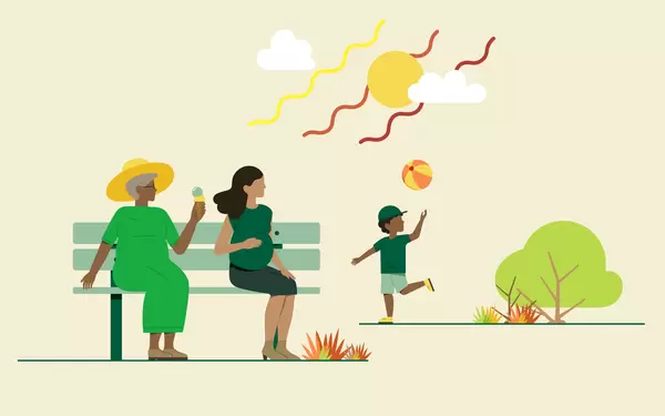 Illustration einer schwangeren Frau und einer älteren Dame mit Eis auf einer Bank, im Hintergrund spielt ein Kind mit einem Ball im Park.