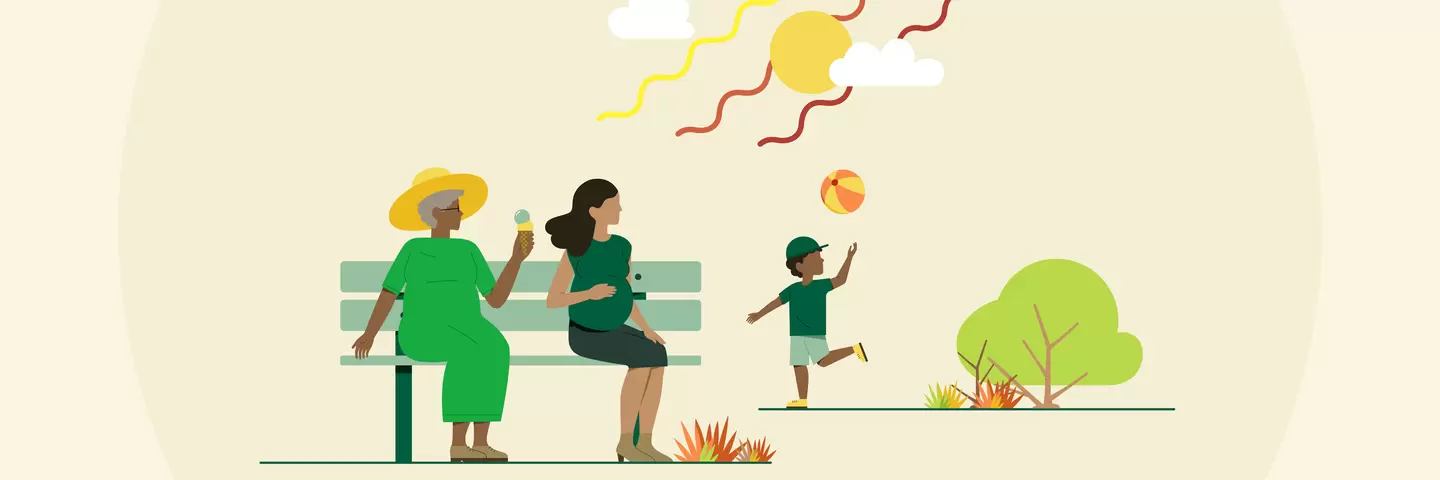 Illustration einer schwangeren Frau und einer älteren Dame mit Eis auf einer Bank, im Hintergrund spielt ein Kind mit einem Ball im Park.