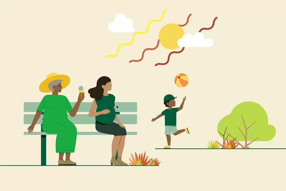 Illustration einer schwangeren Frau und einer älteren Dame mit Eis auf einer Bank, im Hintergrund spielt ein Kind mit einem Ball im Park.