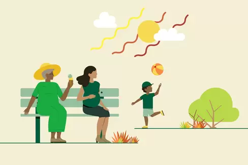 Illustration einer schwangeren Frau und einer älteren Dame mit Eis auf einer Bank, im Hintergrund spielt ein Kind mit einem Ball im Park.
