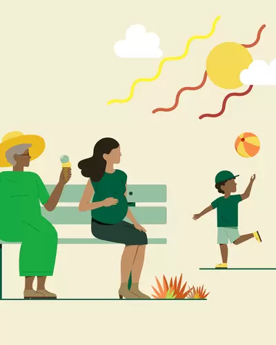 Illustration einer schwangeren Frau und einer älteren Dame mit Eis auf einer Bank, im Hintergrund spielt ein Kind mit einem Ball im Park.