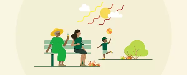 Illustration einer schwangeren Frau und einer älteren Dame mit Eis auf einer Bank, im Hintergrund spielt ein Kind mit einem Ball im Park.