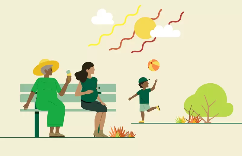Illustration einer schwangeren Frau und einer älteren Dame mit Eis auf einer Bank, im Hintergrund spielt ein Kind mit einem Ball im Park.