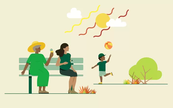 Illustration einer schwangeren Frau und einer älteren Dame mit Eis auf einer Bank, im Hintergrund spielt ein Kind mit einem Ball im Park.